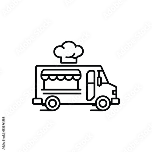 Food truck line icon black and white vector mobile street food festival catering vehicle illustration