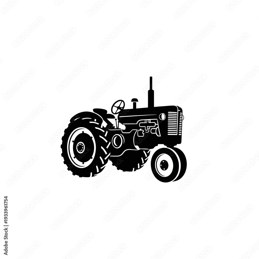 Obraz premium Isolated red vintage agricultural tractor machinery with large wheels and engine parts for farming transport on a white background