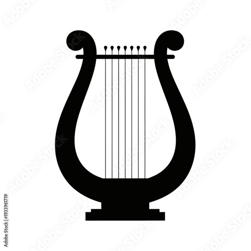 Artistic black silhouette illustration of a violin with a bow and string instrument symbols like a lyre or harp isolated on a white background as a vector music sign design