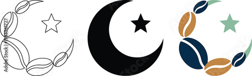 Crescent moon and star with coffee beans in various styles vector illustration set