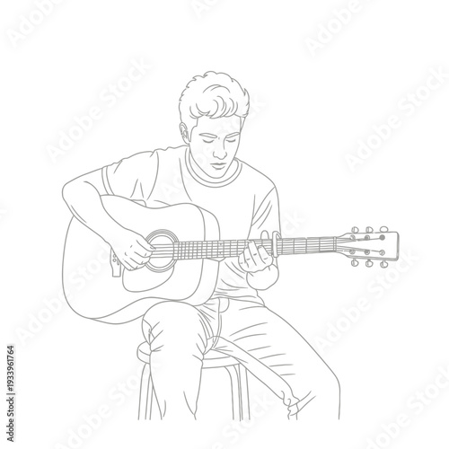 A handsome young rock musician sits with his electric guitar, a talented performer ready to play a powerful musical set for the people