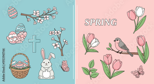 Spring illustration featuring Easter elements, flowers, and a rabbit, showcasing a seasonal theme with pastel colors and natural elements