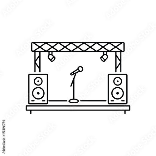 Minimal line art music festival stage with microphone and speakers black and white vector illustration