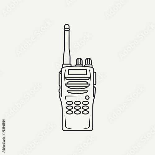 A portable black walkie-talkie radio transceiver and mobile cellphone with a wireless antenna are isolated on white for telecommunications technology and emergency police equipment