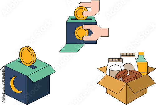 Donation box for money and food, hands giving coins, charity for ramadan and zakat