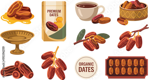 Fresh premium dates fruit collection with organic products and traditional sweet snacks set