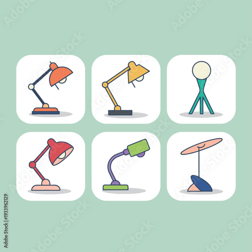 Collection of modern desk lamp and lighting fixture icons featuring different styles and colors for office workspace study room interior design and home illumination equipment graphic