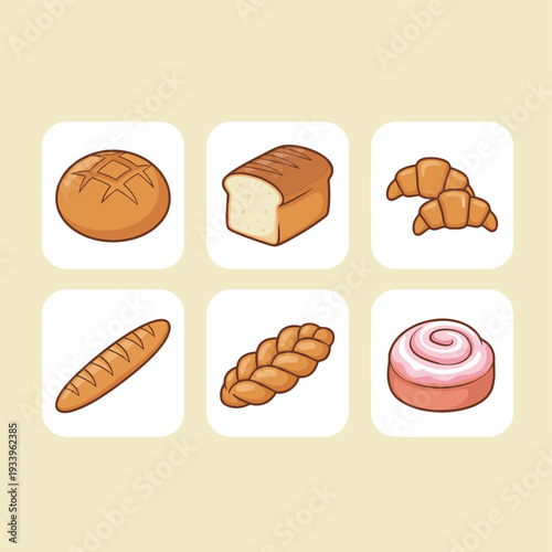 Various types of fresh bakery bread and pastry icons set including loaf croissant baguette and cinnamon roll for bakery shop menu and food concept