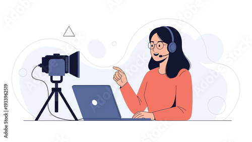 Woman recording video with camera and laptop, online streaming, content creation