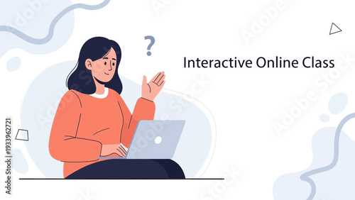 Woman Learning Online Class with Laptop, Question Mark, Education Concept