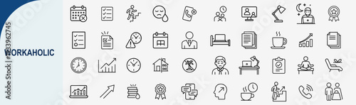 workaholic office routine and productivity line icons set, vector design