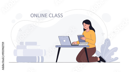 Woman learning online with laptop and books, remote education concept
