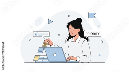 Woman organizing tasks and setting priorities with sticky notes and laptop