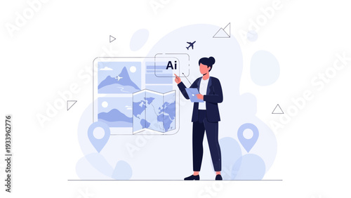 Woman Planning Trip with AI and Digital Map