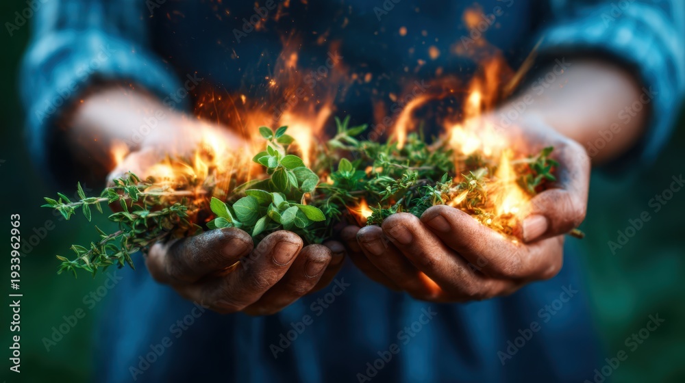 Fototapeta premium A captivating moment as hands hold herbs engulfed in flames, representing the power and intensity of nature's elements, with vibrant colors and motion creating dynamic visuals.