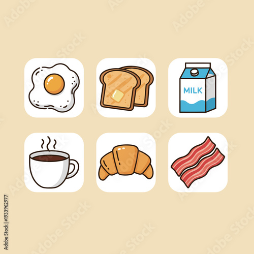 Healthy breakfast food and drinks icons set including fried egg toast milk coffee croissant and bacon for cafe menu and morning nutrition