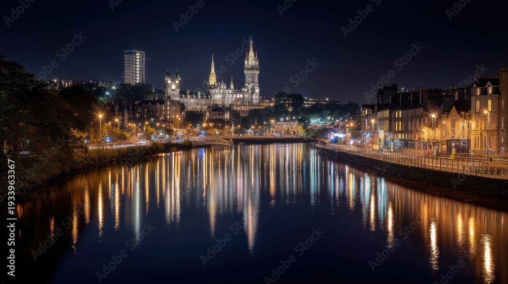 Obraz premium Stunning Night View of River and Castle Illuminated by City Lights