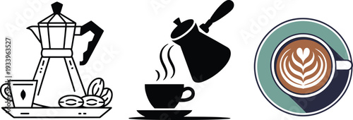 Traditional coffee brewing equipment icons with moka pot and pouring cezve for cafe branding