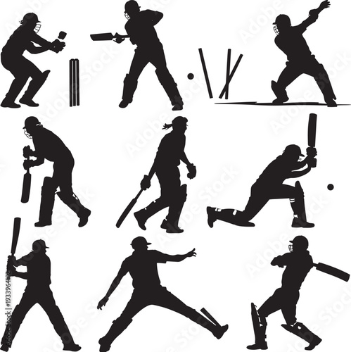 Cricket Players Action Silhouette Set - Professional Athlete Poses for Batting, Bowling, and Wicket Keeping Vector Icons