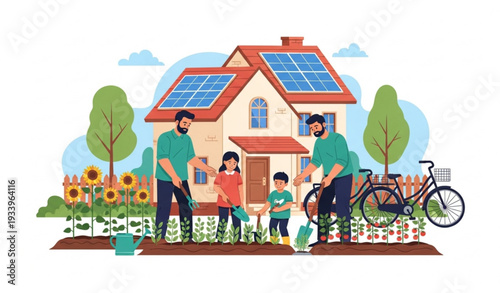 Sustainable family lifestyle vector illustration with garden, solar energy, and green home design