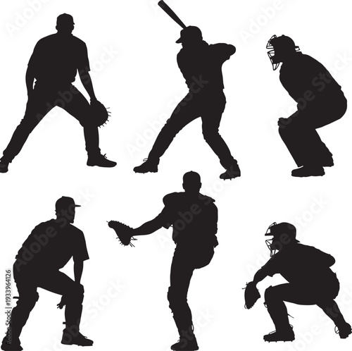Baseball Players Silhouettes Set Vector Action Poses Batter Catche