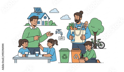Family sustainability vector illustration with eco-friendly habits and environmental awareness