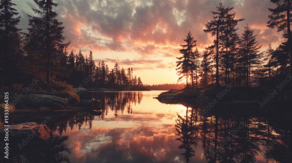 Fototapeta premium Serene Sunset Reflection Over Calm Lake Surrounded by Pine Trees