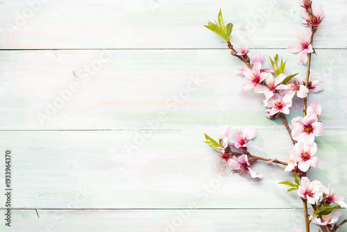 Branch  with Almond  blossoms on old shabby wooden table. Floral border. Top view with copy space. Flat lay.