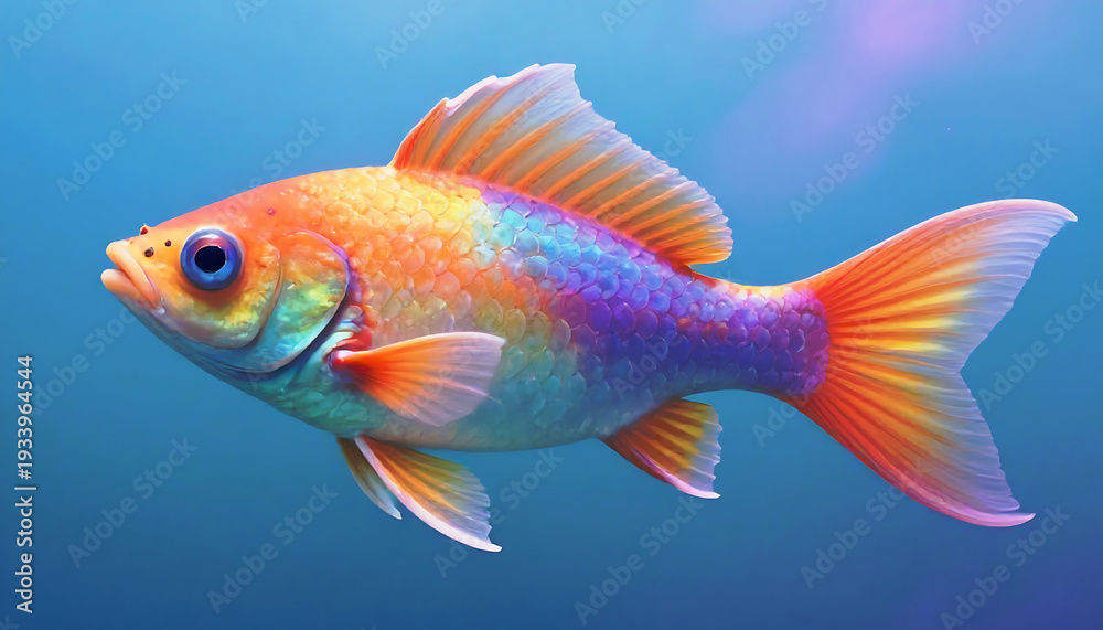 Fototapeta premium A vibrant colorful fish swims gracefully in a blurred blue underwater environment