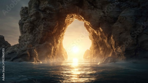 Majestic Rock Arch at Sunset Over Calm Ocean with Golden Light