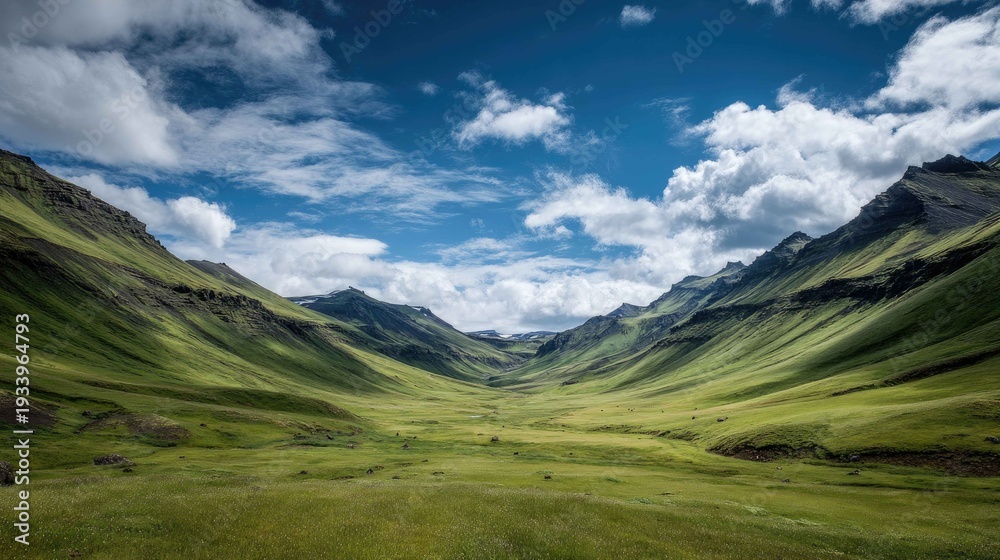Fototapeta premium Majestic Green Valley Surrounded by Mountains Under a Blue Sky