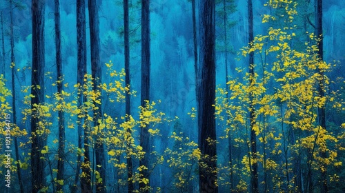 Serene Forest with Yellow Leaves and Misty Blue Atmosphere