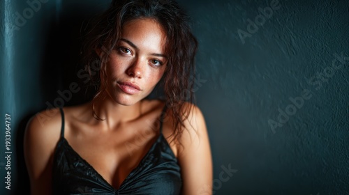 A captivating portrait of a woman with expressive eyes and natural beauty, capturing the essence of emotion against a dark background, perfect for lifestyle photography.