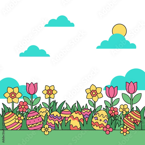 A vibrant illustration of Easter eggs nestled amongst blooming flowers and green grass under a bright sky with fluffy clouds and a sun.