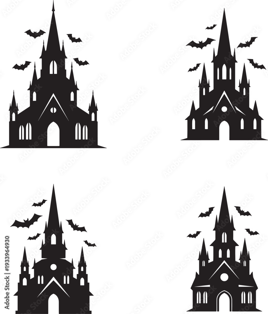 Obraz premium Four gothic castle silhouettes with flying bats