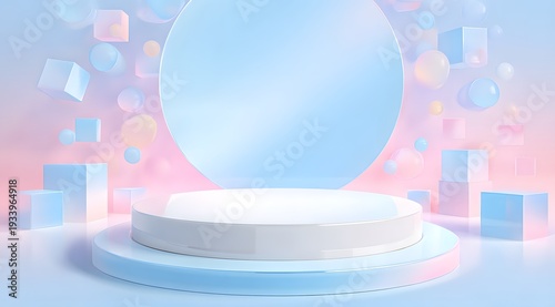 Abstract white podium on soft pink and blue background with floating 3d geometric shapes creating modern showcase for product presentation featuring elegant circular platform and pastel cubes