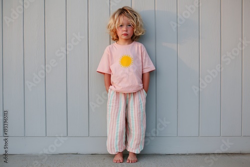 Young child with tousled hair in pink sun shirt and striped pants, posing against a light wooden wall.