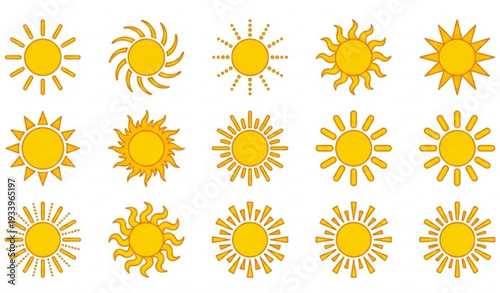 Set of 12 Yellow Sun Icons Flat Style with Different Ray Patterns for Weather and Summer Design