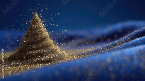 Golden Glitter Pile on Blue Fabric Background with Soft Bokeh Effect
