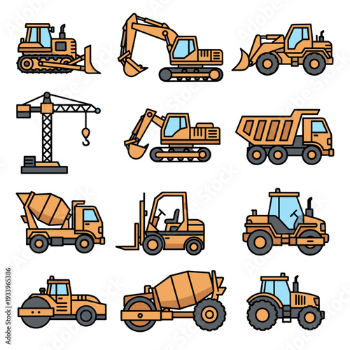 Construction Machinery and Heavy Equipment Vehicles Icon Set