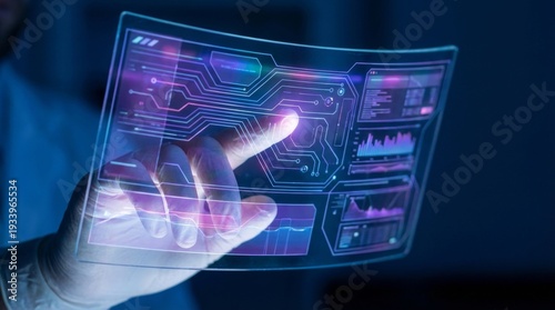 Futuristic data scientist in a lab coat touching a glowing holographic interface, interacting with streams of light connecting to floating virtual data charts