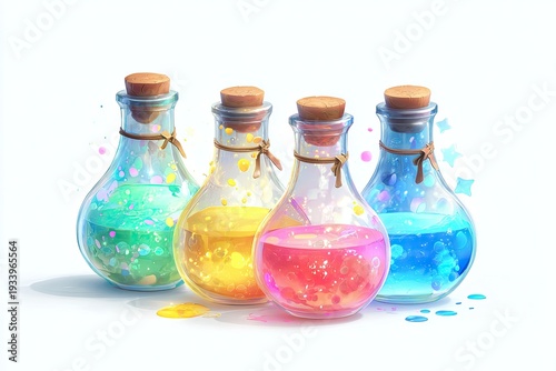 Four glass bottles, each with a different colored, sparkly potion inside, set against white