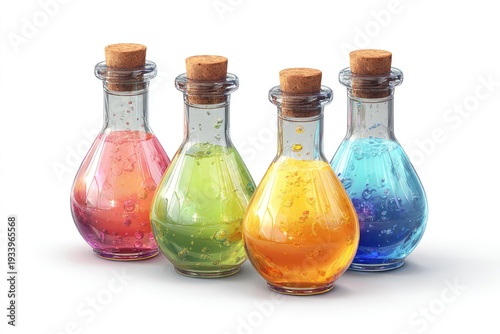 Four glass bottles, each filled with a different colored liquid, capped with cork stoppers