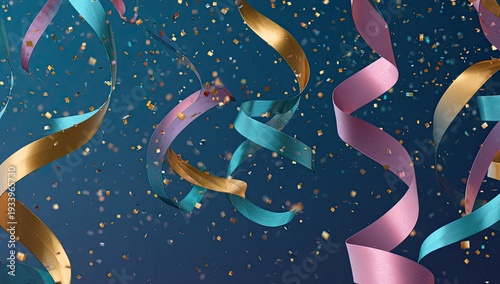 Festive close-up of colorful curling ribbons and confetti against a deep blue backdrop