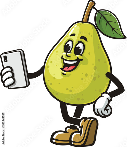 Cartoon pear mascot holding a gadget or smartphone