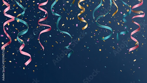 Festive illustration showing colorful spiral ribbons and confetti on a deep blue background