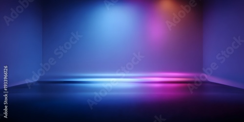 Illuminated empty room with smooth reflective floor and curved walls bathed in vibrant blue and pink neon light, creating an abstract and futuristic atmosphere with dramatic spotlight effects