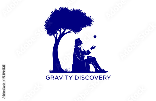 Isaac Newton and Apple Tree Silhouette, Physics and Science History Vector Sticker, Gravity Discovery STEM Illustration
