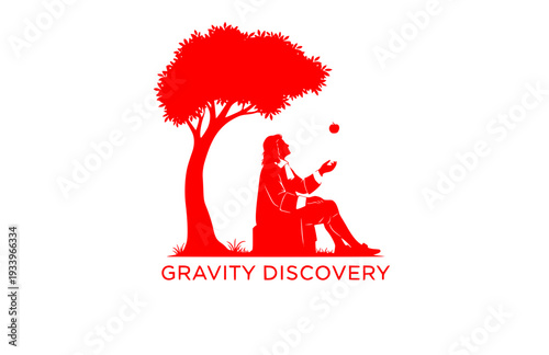 Isaac Newton and Apple Tree Silhouette, Physics and Science History Vector Sticker, Gravity Discovery STEM Illustration