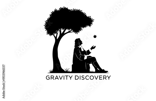 Isaac Newton and Apple Tree Silhouette, Physics and Science History Vector Sticker, Gravity Discovery STEM Illustration